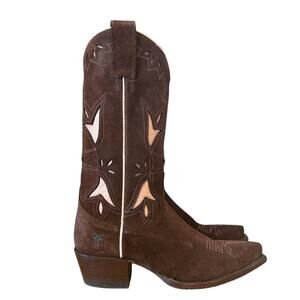 Frye Vintage Brown Leather Pink Leather Floral Cowgirl Boots